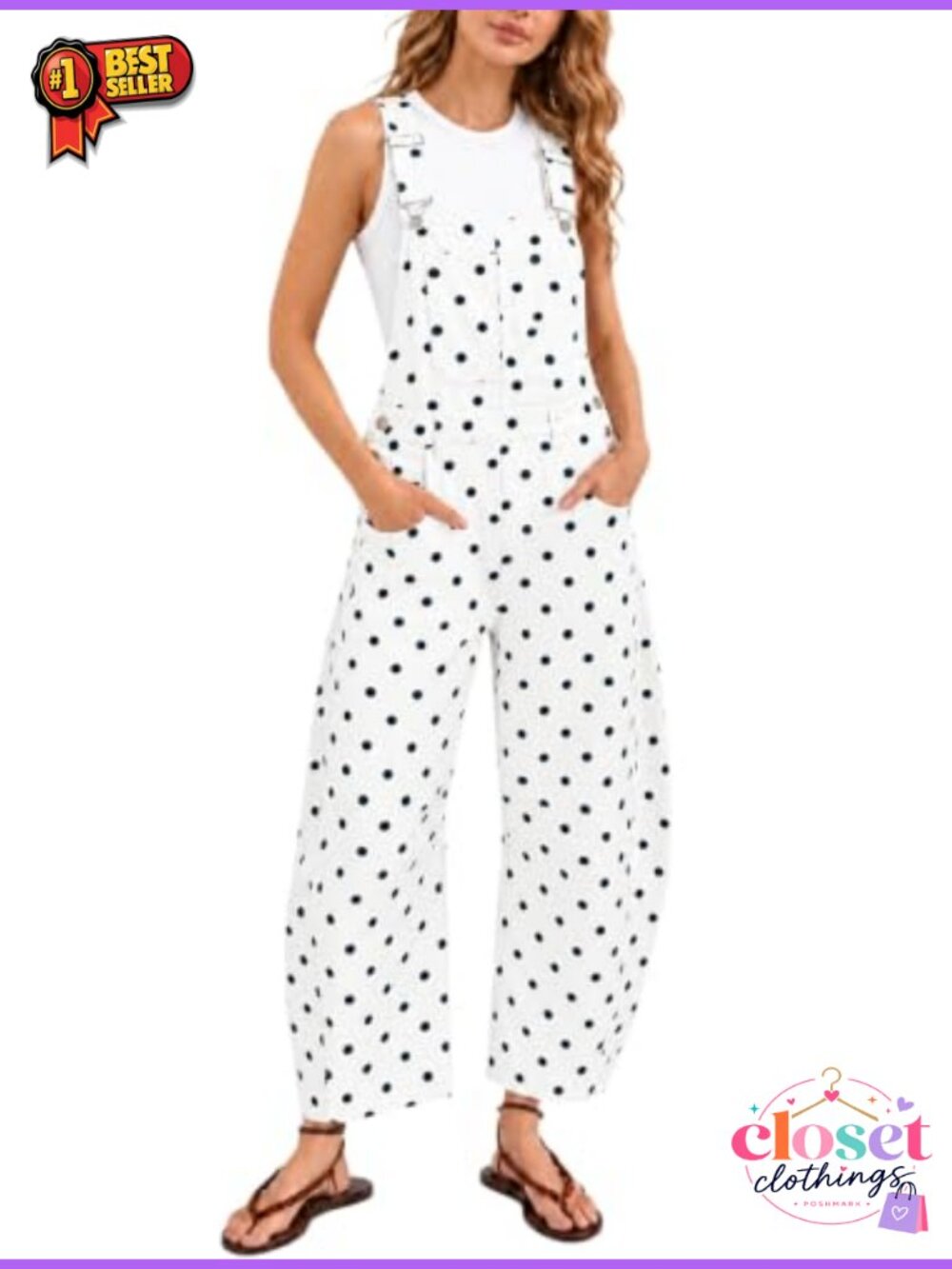 Kedera 100% Cotton Polka Dot Denim Bib Overalls Barrel Leg Jean Jumpsuit